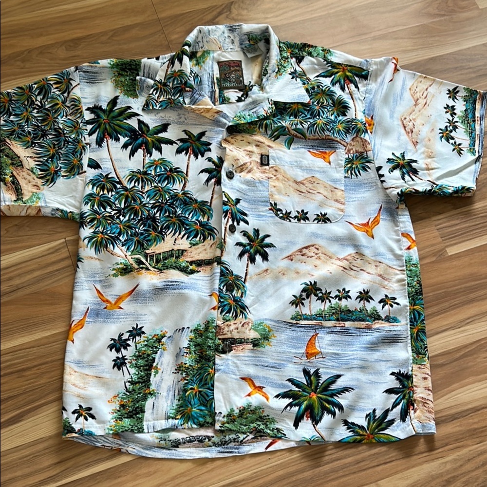 Green and Blue Scenic Blouse with Tropical Print